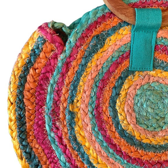Handbags - Round Multi Color Jute Bag With Wooden Handles